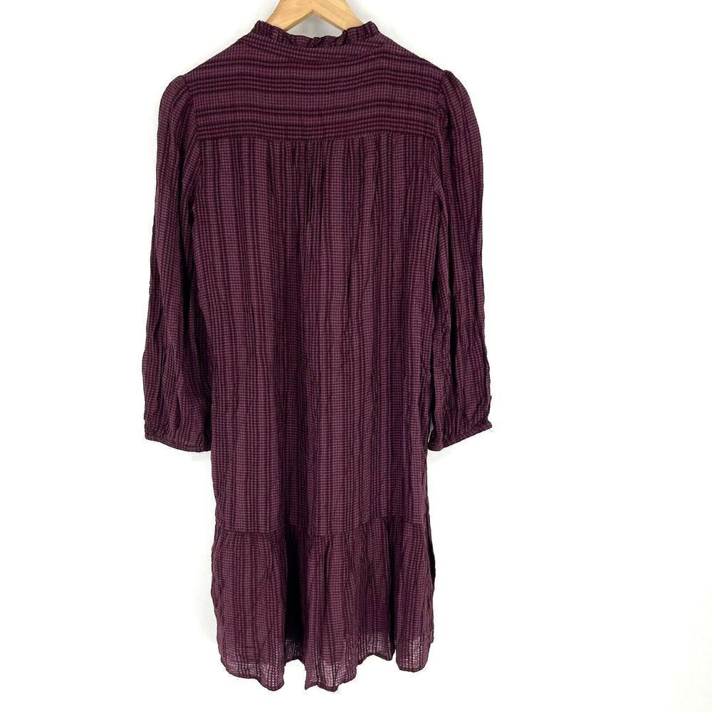 LOFT Dress Size Medium Maroon Check Ruffle Prairie Pleated Button Drop Waist - Picture 5 of 8